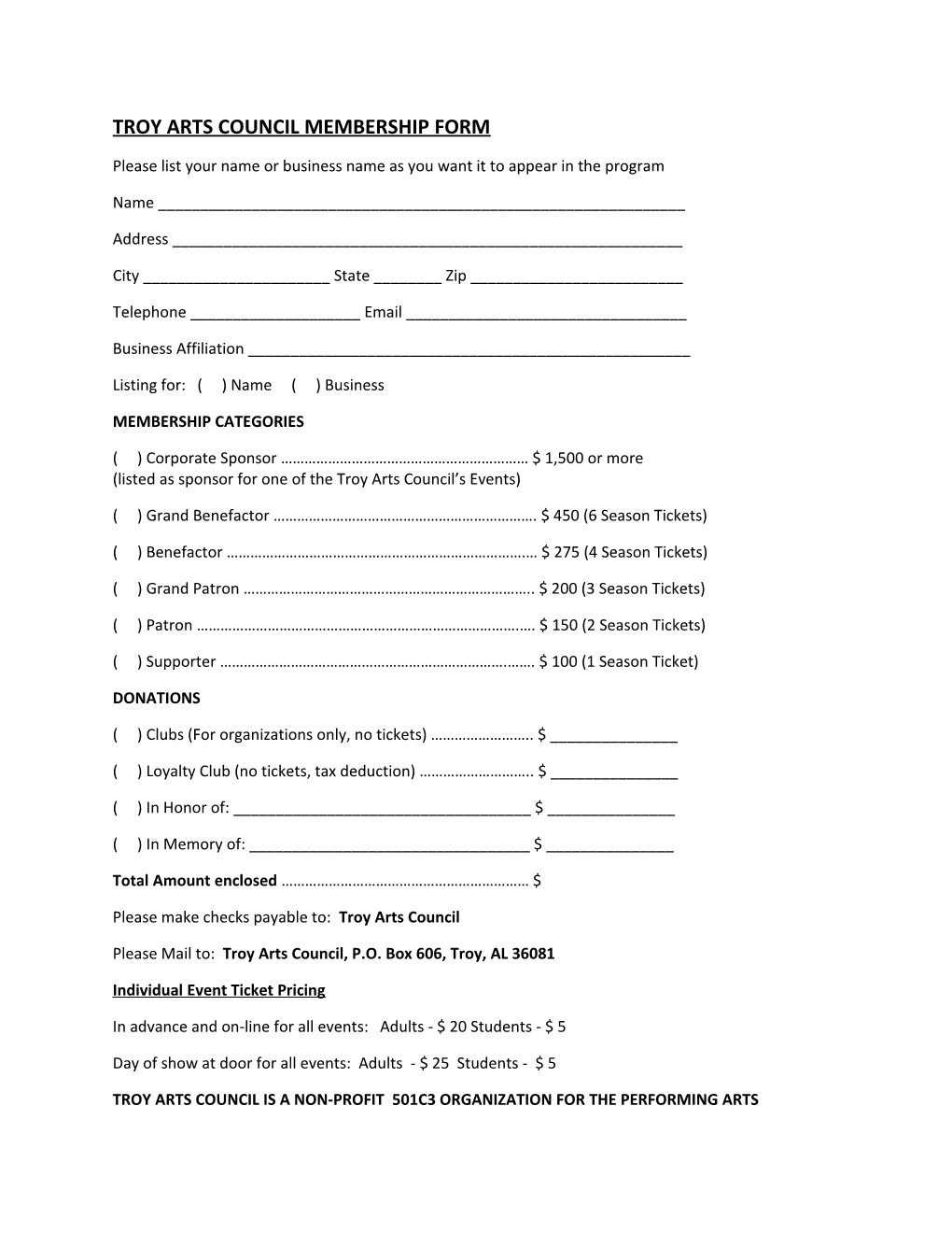 Troy Arts Council Membership Form