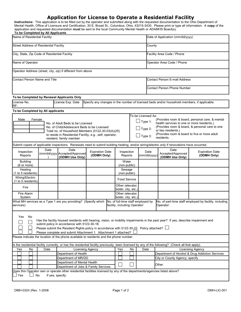 Application for License to Operate a Residential Facility