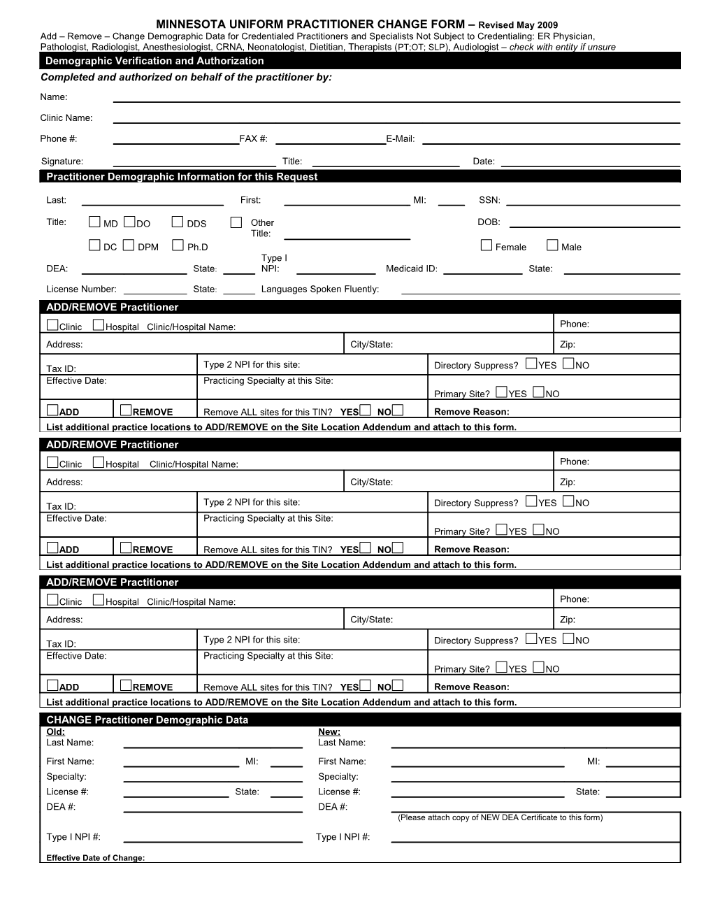 MINNESOTA UNIFORM PRACTITIONER CHANGE FORM Revised March 2009