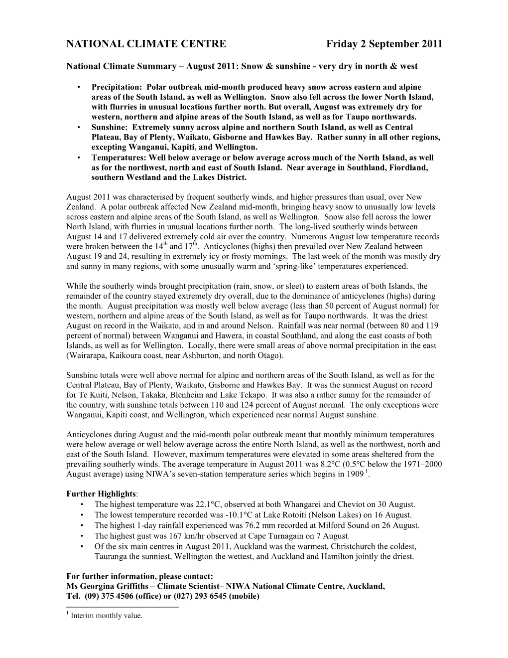 August 2011 Climate Summary