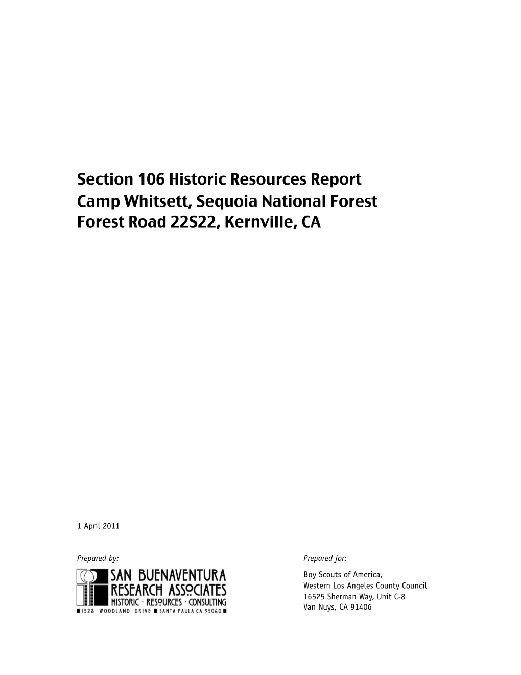 Section 106 Historic Resources Report Camp Whitsett, Sequoia National Forest Forest Road 22S22, Kernville, CA