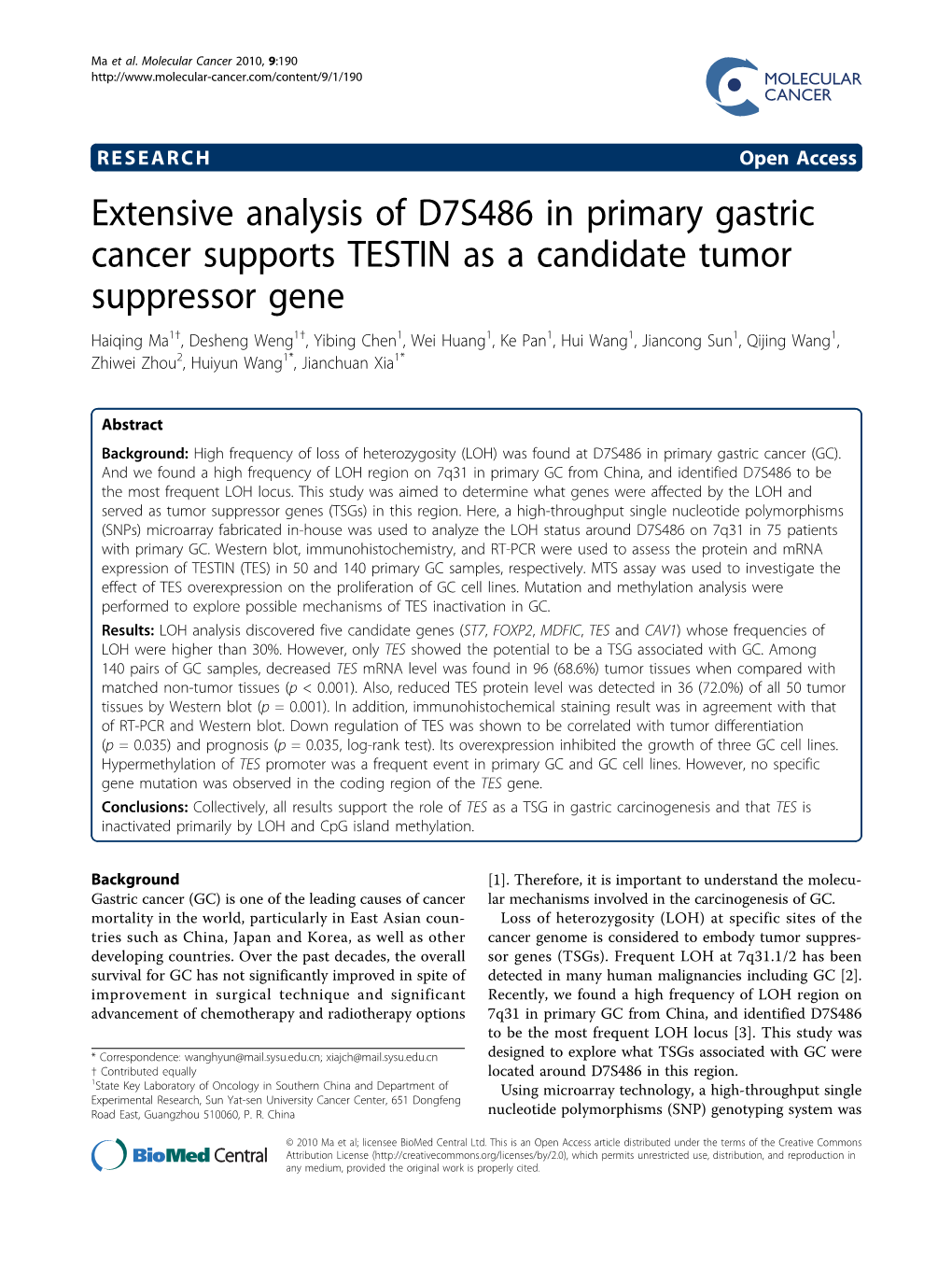 Extensive Analysis of D7S486 in Primary Gastric Cancer Supports TESTIN As a Candidate Tumor Suppressor Gene