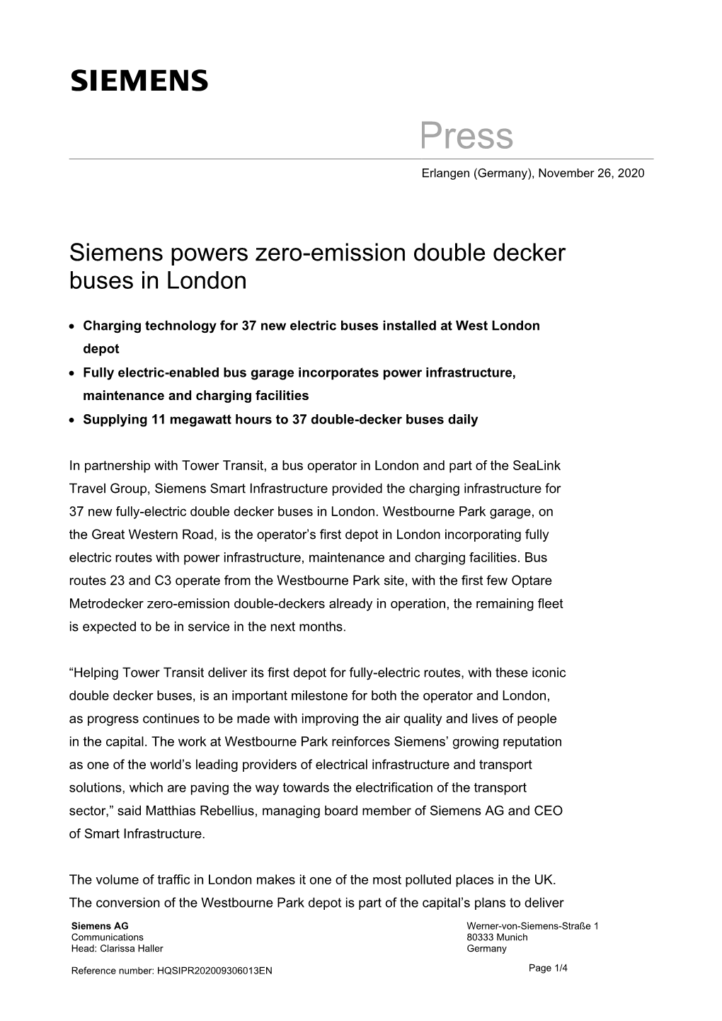 Siemens Powers Zero-Emission Double Decker Buses in London
