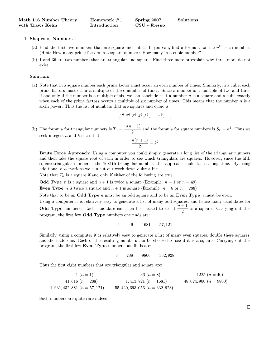 Math 116 Number Theory Homework #1 Spring 2007 Solutions with Travis Kelm Introduction CSU - Fresno
