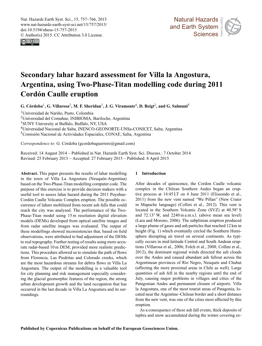 Secondary Lahar Hazard Assessment for Villa La Angostura, Argentina, Using Two-Phase-Titan Modelling Code During 2011 Cordón Caulle Eruption