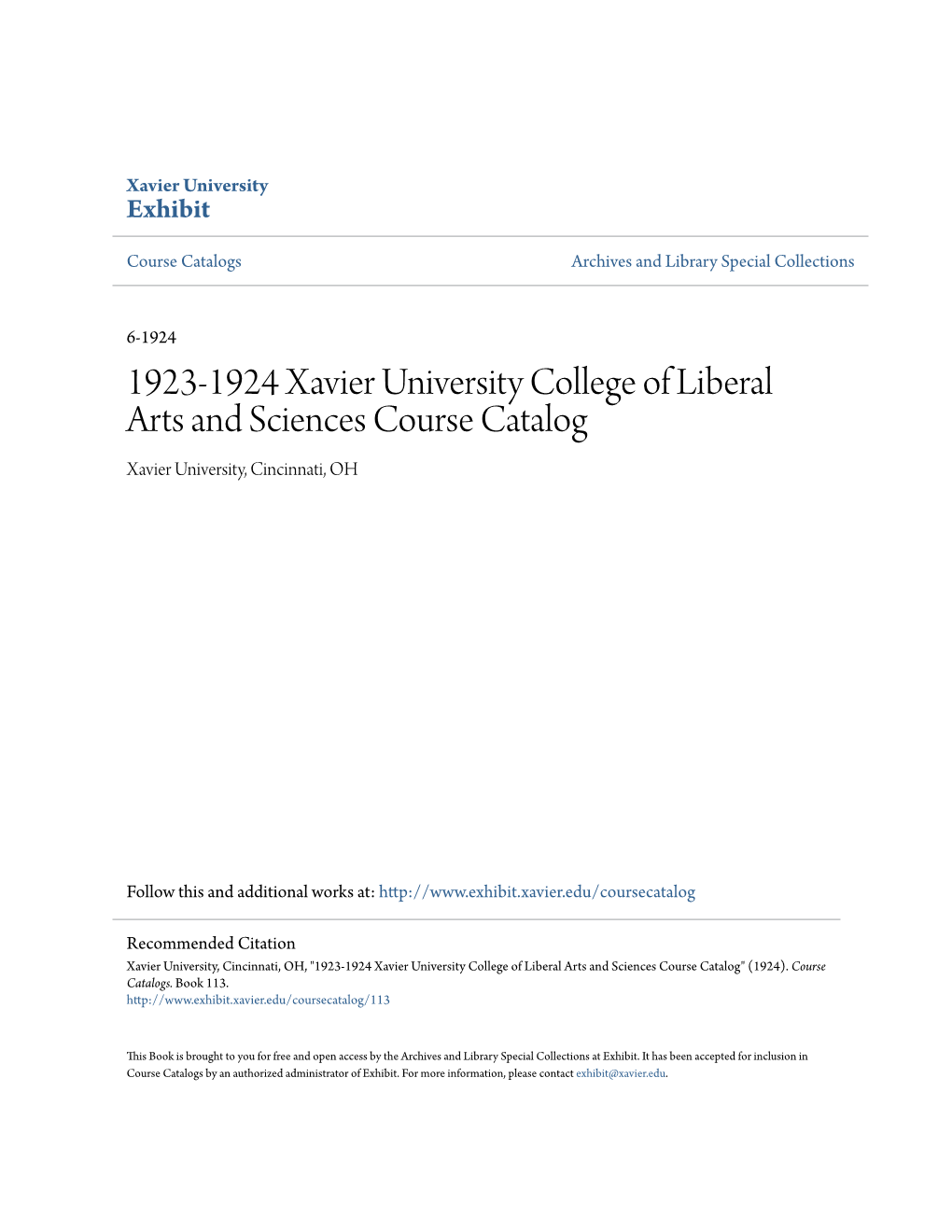 1923-1924 Xavier University College of Liberal Arts and Sciences Course Catalog Xavier University, Cincinnati, OH