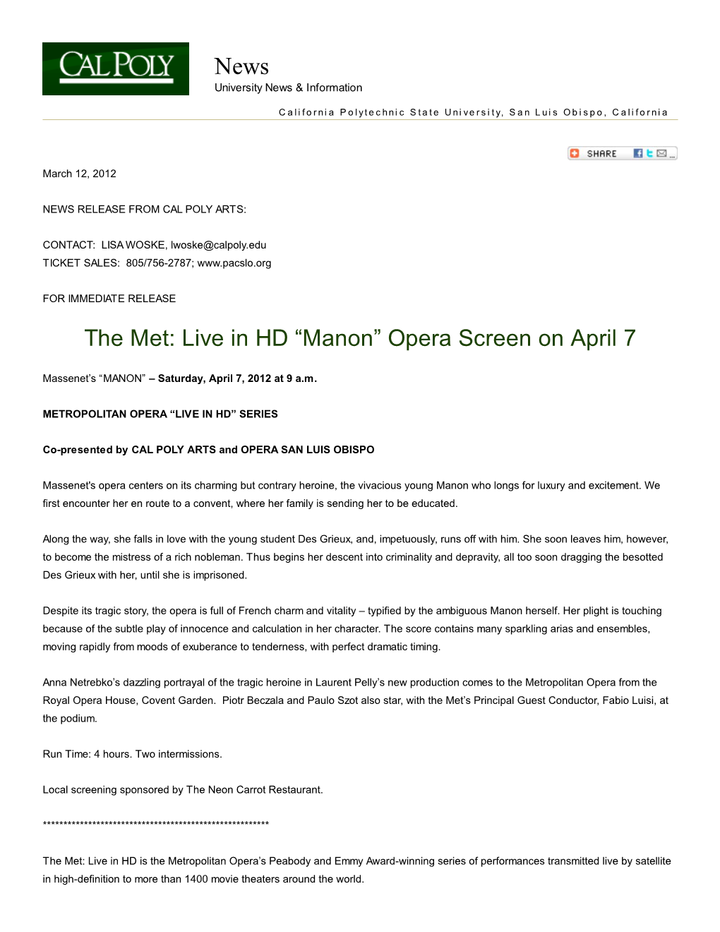 The Met: Live in HD Â•Œmanonâ•Š Opera Screen on April 7