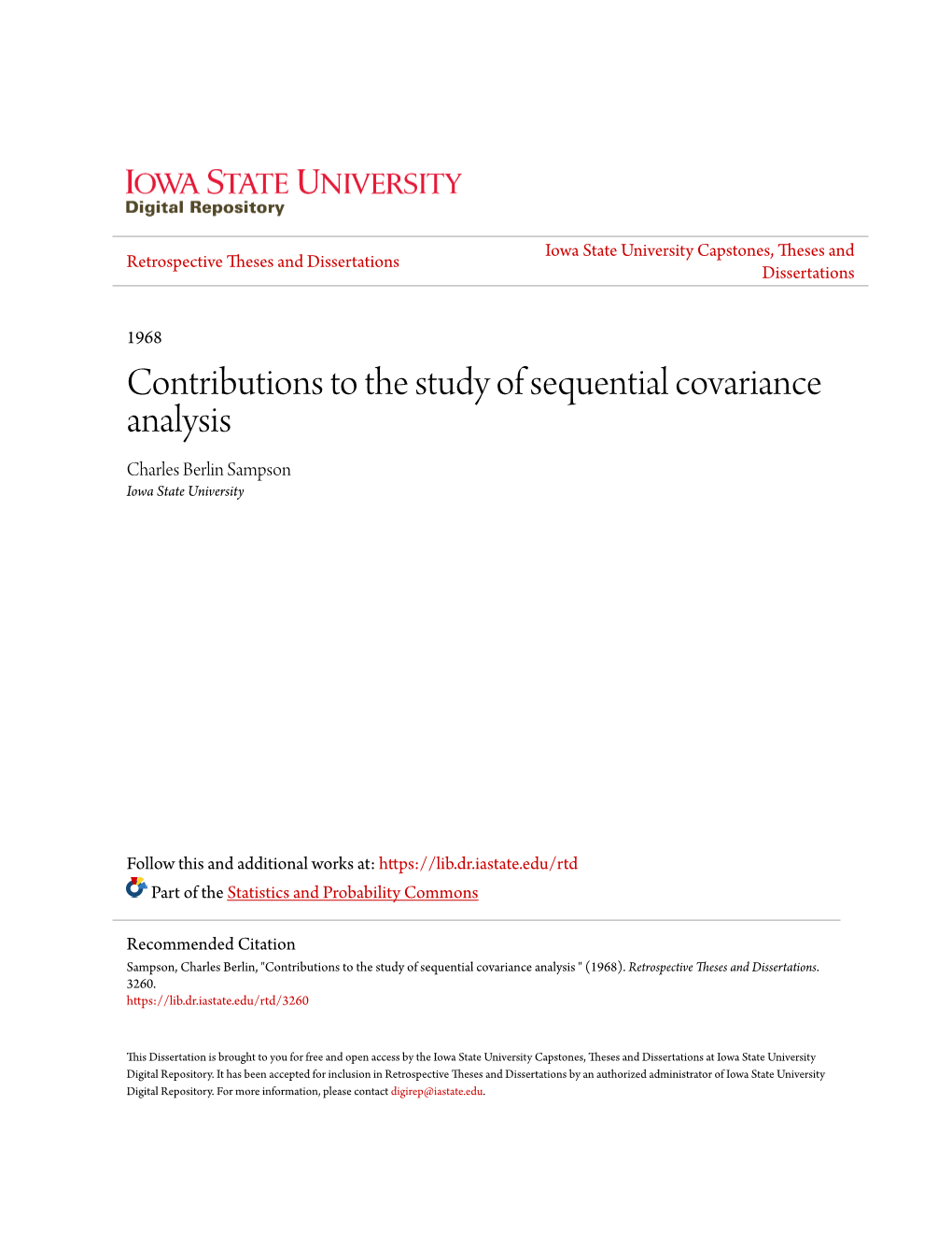 Contributions to the Study of Sequential Covariance Analysis Charles Berlin Sampson Iowa State University