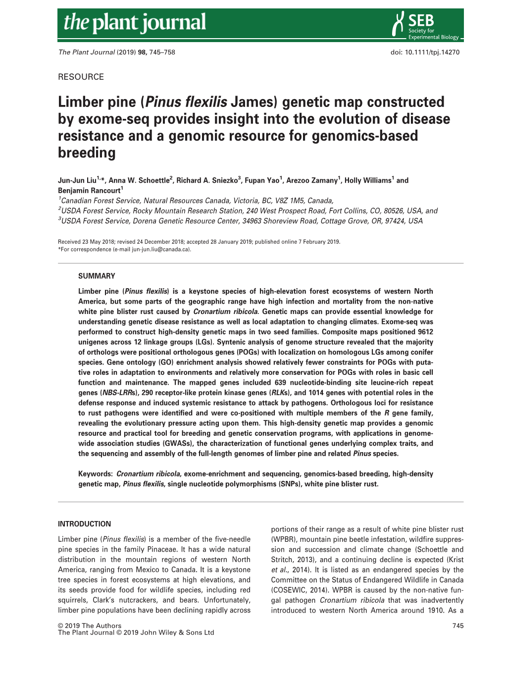 Limber Pine (Pinus Flexilis James) Genetic Map Constructed by Exome