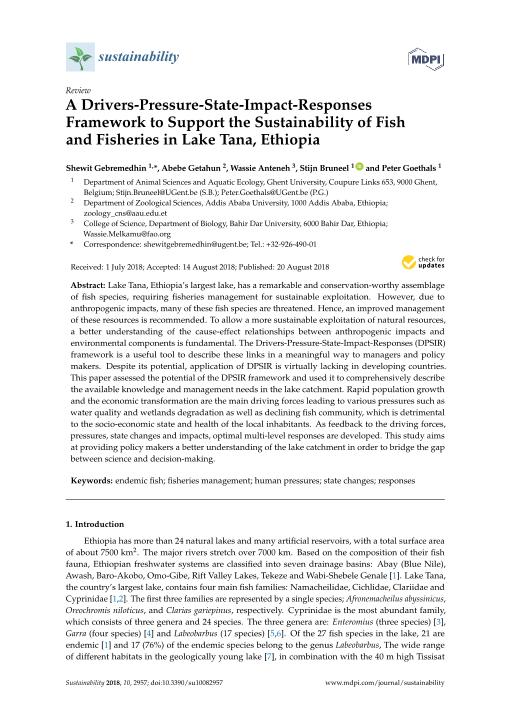 A Drivers-Pressure-State-Impact-Responses Framework to Support the Sustainability of Fish and Fisheries in Lake Tana, Ethiopia