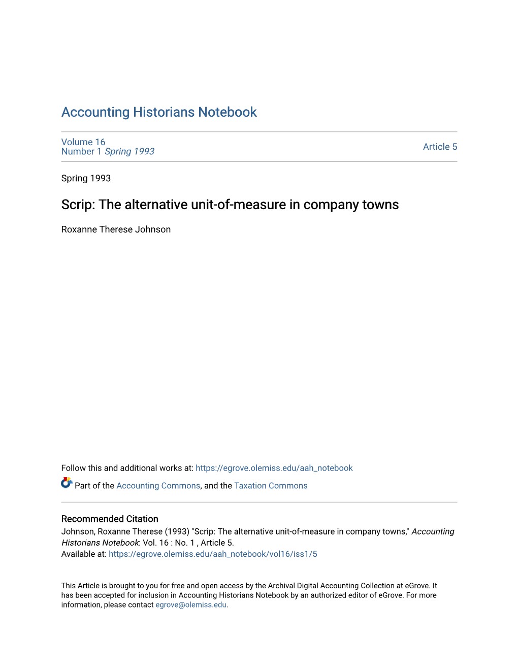 Scrip: the Alternative Unit-Of-Measure in Company Towns