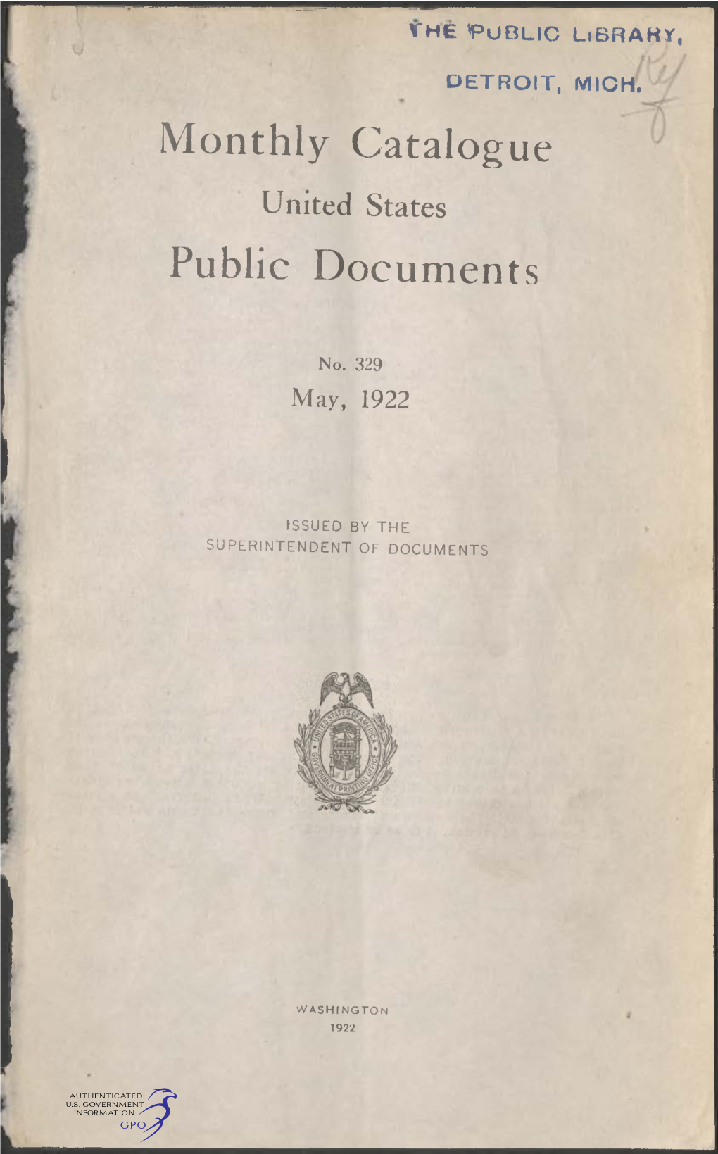 Monthly Catalogue, United States Public Documents, May 1922