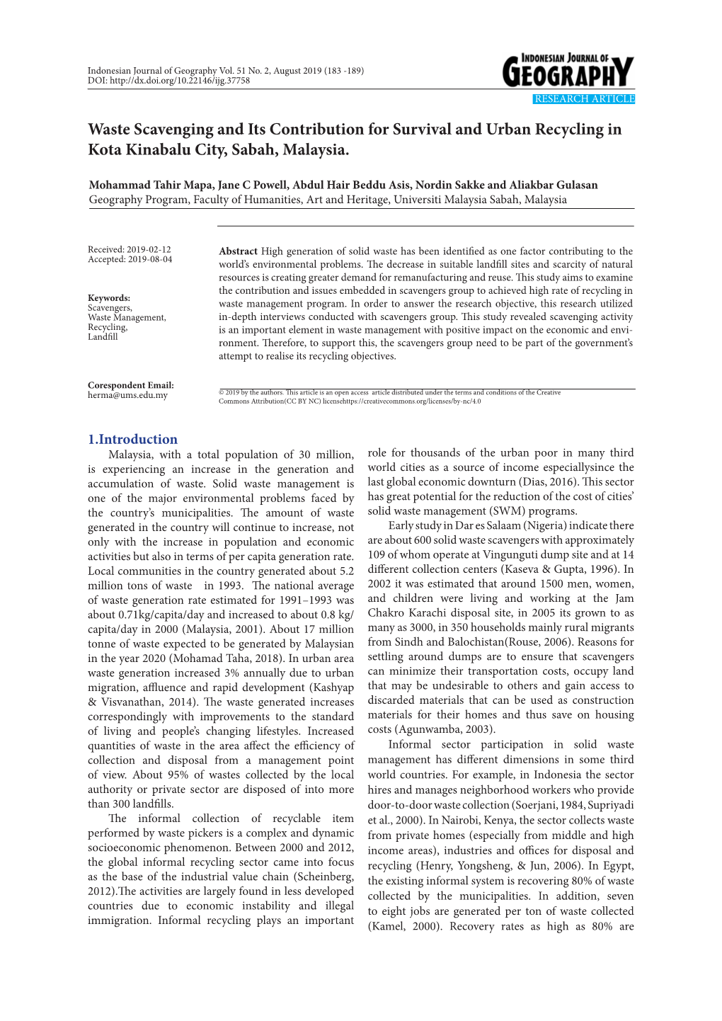 Waste Scavenging and Its Contribution for Survival and Urban Recycling in Kota Kinabalu City, Sabah, Malaysia