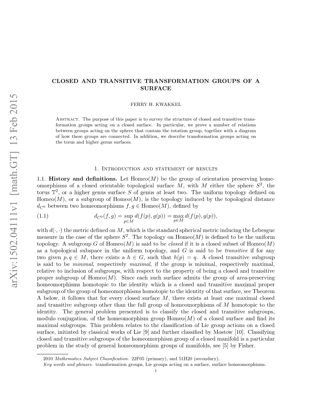 Closed and Transitive Transformation Groups of a Surface 3