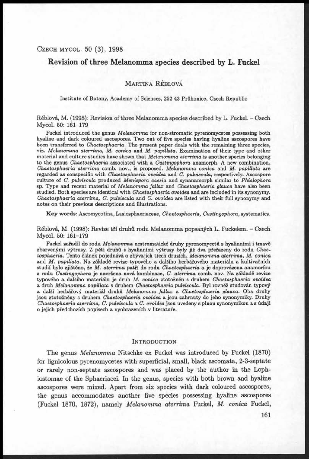 Revision of Three Melanomma Species Described by L. Fuckel