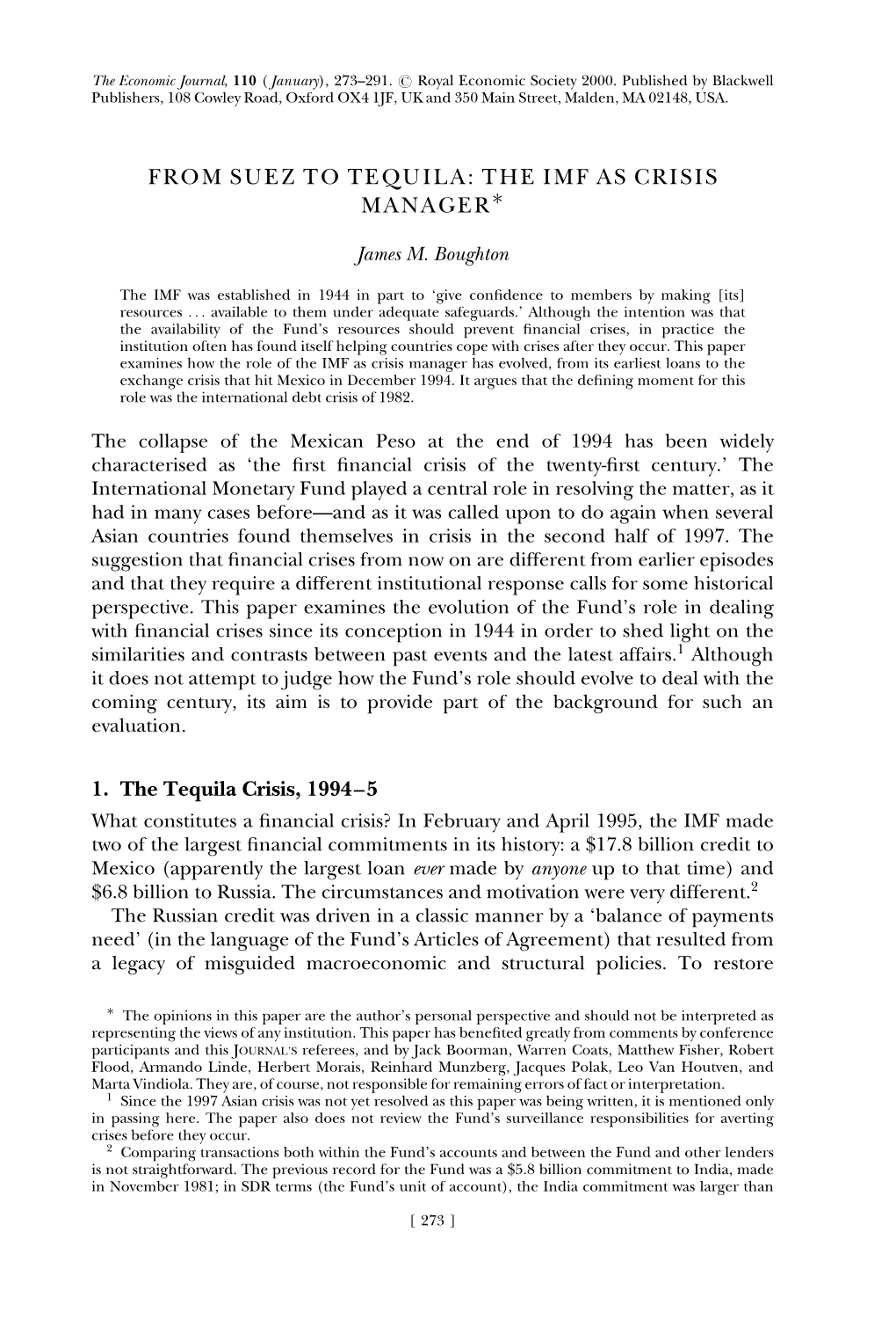 THE IMF AS CRISIS MANAGER√ 1. the Tequila Crisis, 1994±5