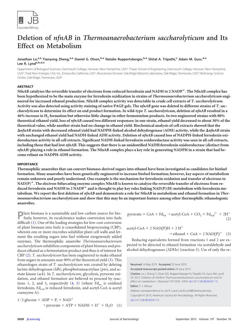 Deletion of Nfnab in Thermoanaerobacterium Saccharolyticum and Its Effect on Metabolism