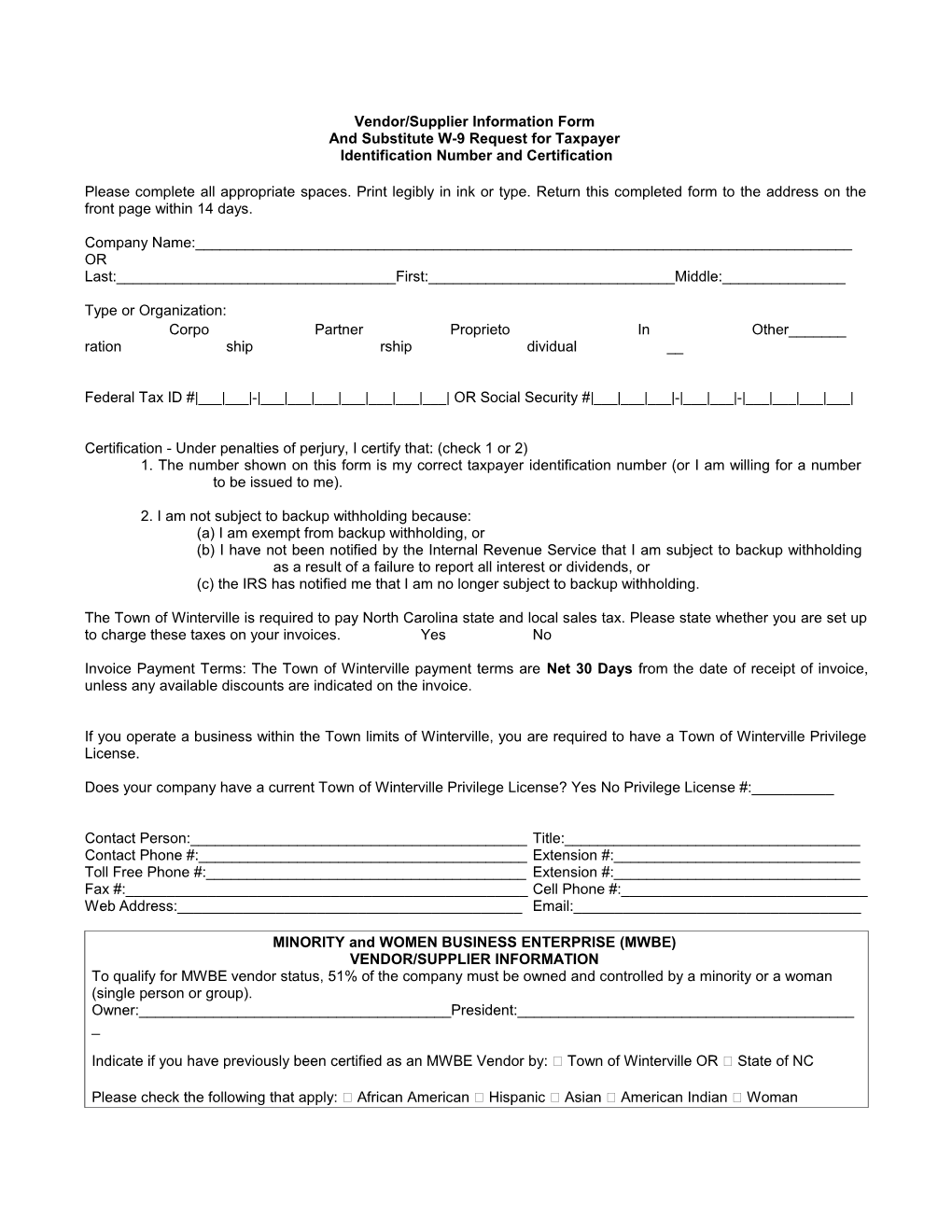 Vendor/Supplier Information Form