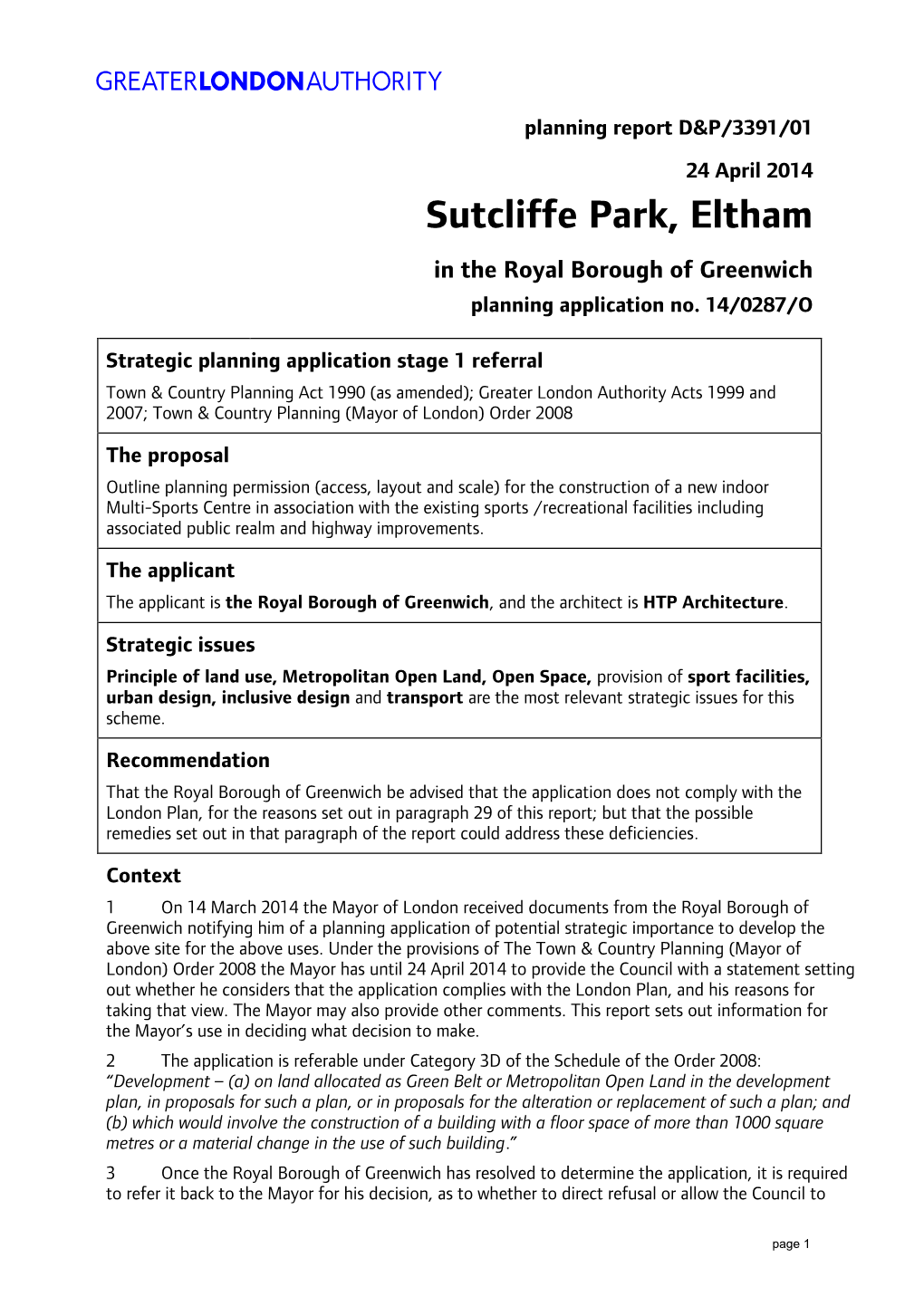 Sutcliffe Park, Eltham in the Royal Borough of Greenwich Planning Application No