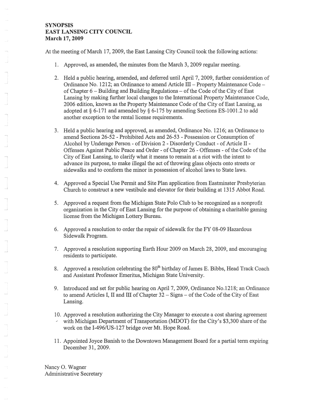 SYNOPSIS EAST LANSING CITY COUNCIL March 17, 2009 at The