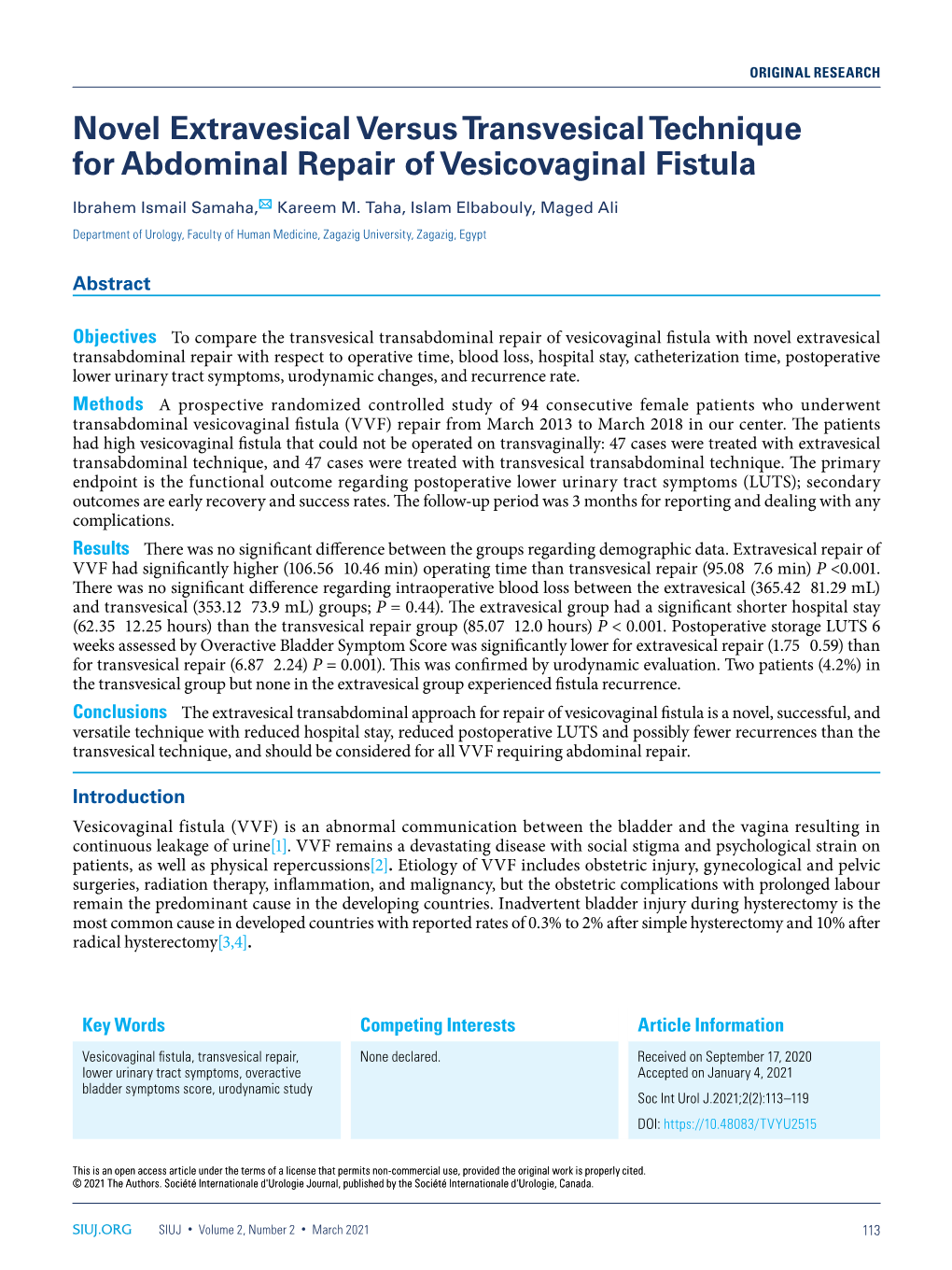 Novel Extravesical Versus Transvesical Technique for Abdominal Repair of Vesicovaginal Fistula