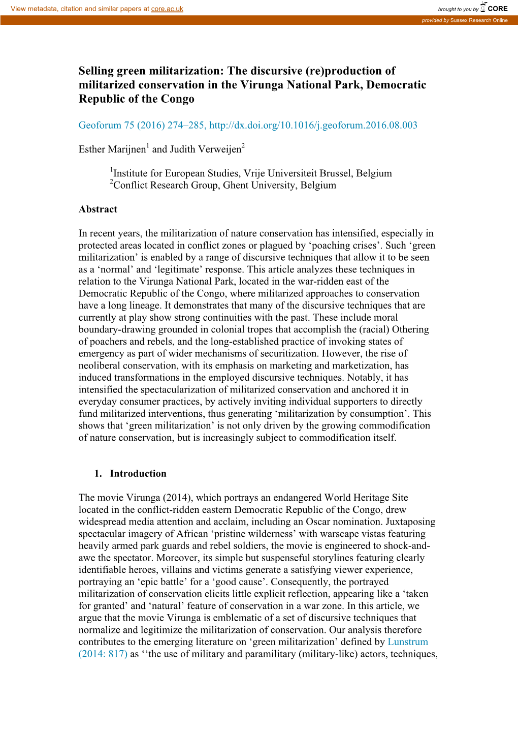 Selling Green Militarization: the Discursive (Re)Production of Militarized Conservation in the Virunga National Park, Democratic Republic of the Congo