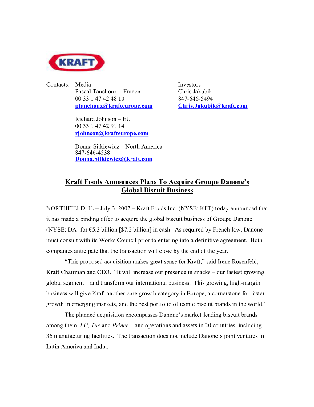 Kraft Foods Announces Plans to Acquire Groupe Danone's Global