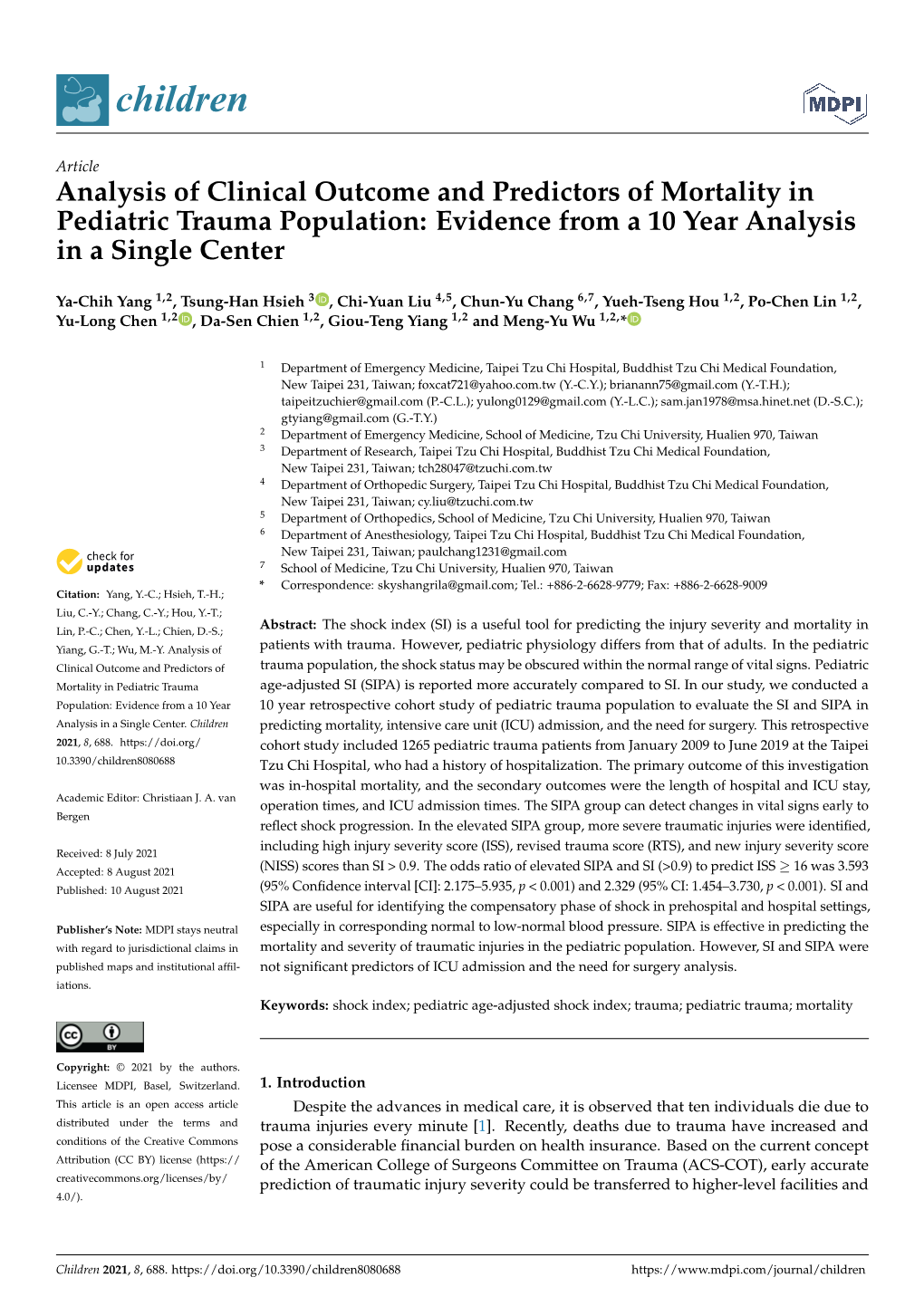 Analysis of Clinical Outcome and Predictors of Mortality in Pediatric Trauma Population: Evidence from a 10 Year Analysis in a Single Center