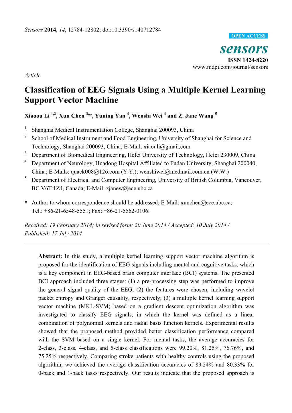 Classification of EEG Signals Using a Multiple Kernel Learning Support Vector Machine