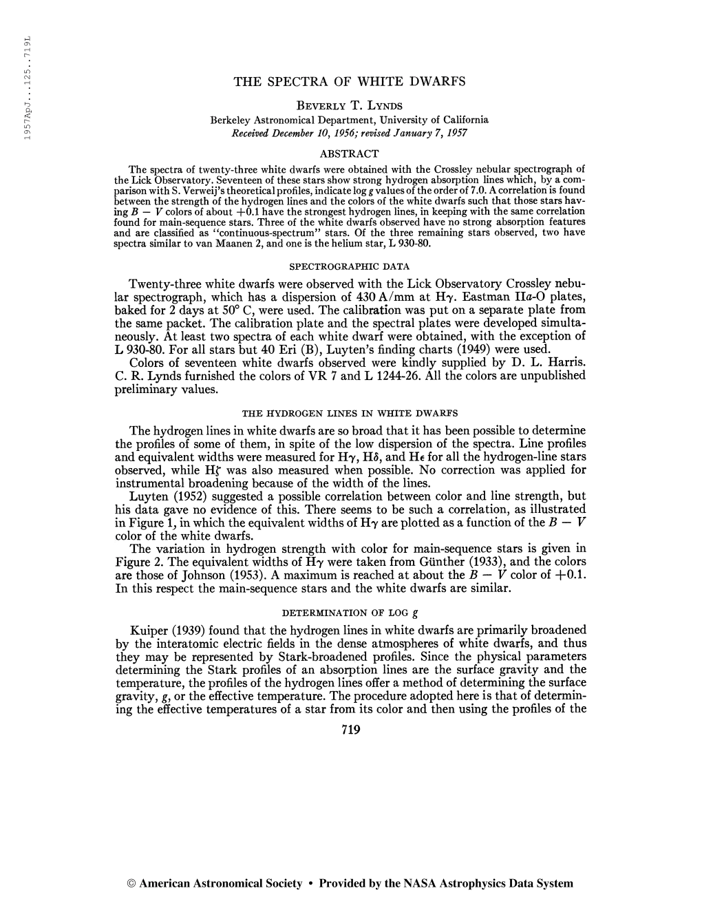 1957 Ap J. . .125. .719L the SPECTRA of WHITE DWARFS