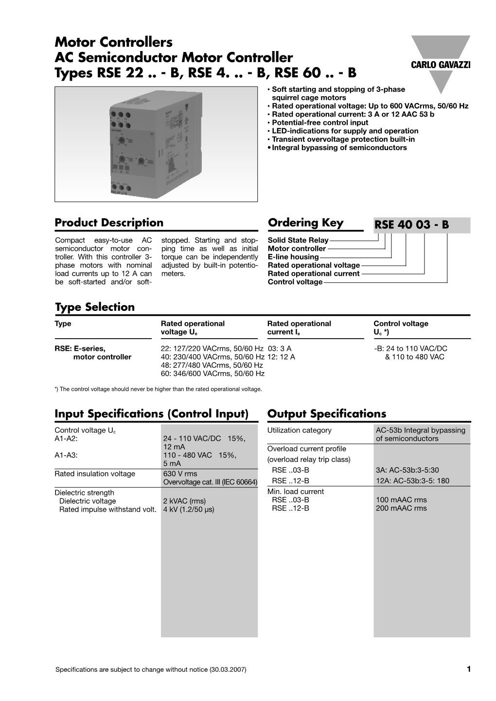 Motor Controllers AC Semiconductor Motor Controller Types RSE 22 .. - B, RSE 4