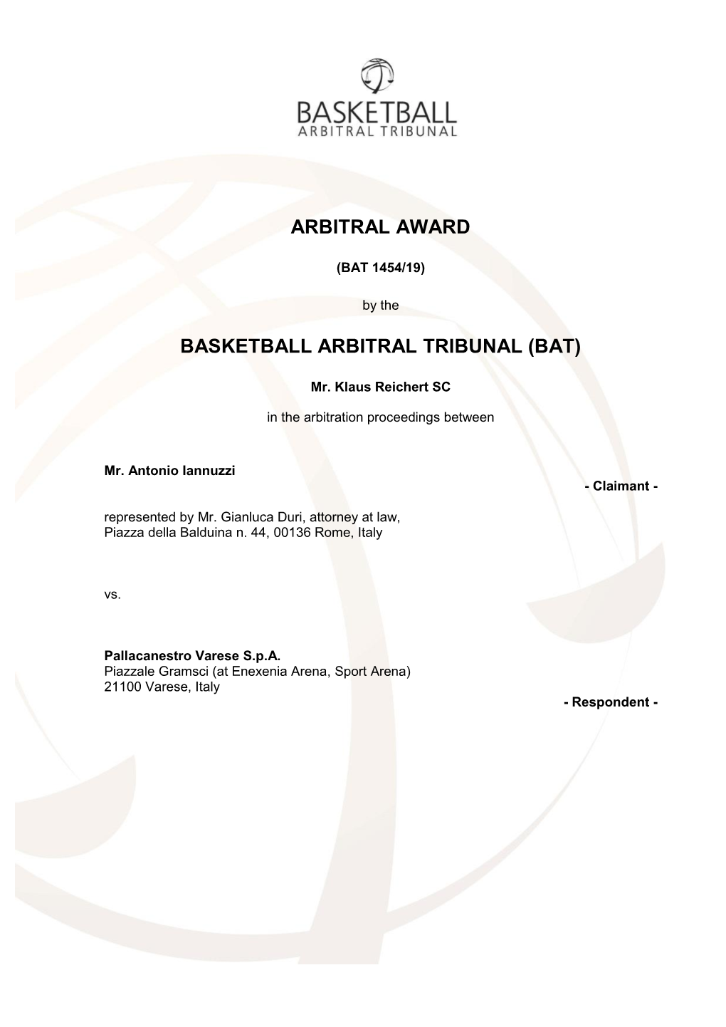 Arbitral Award Basketball Arbitral Tribunal (Bat)