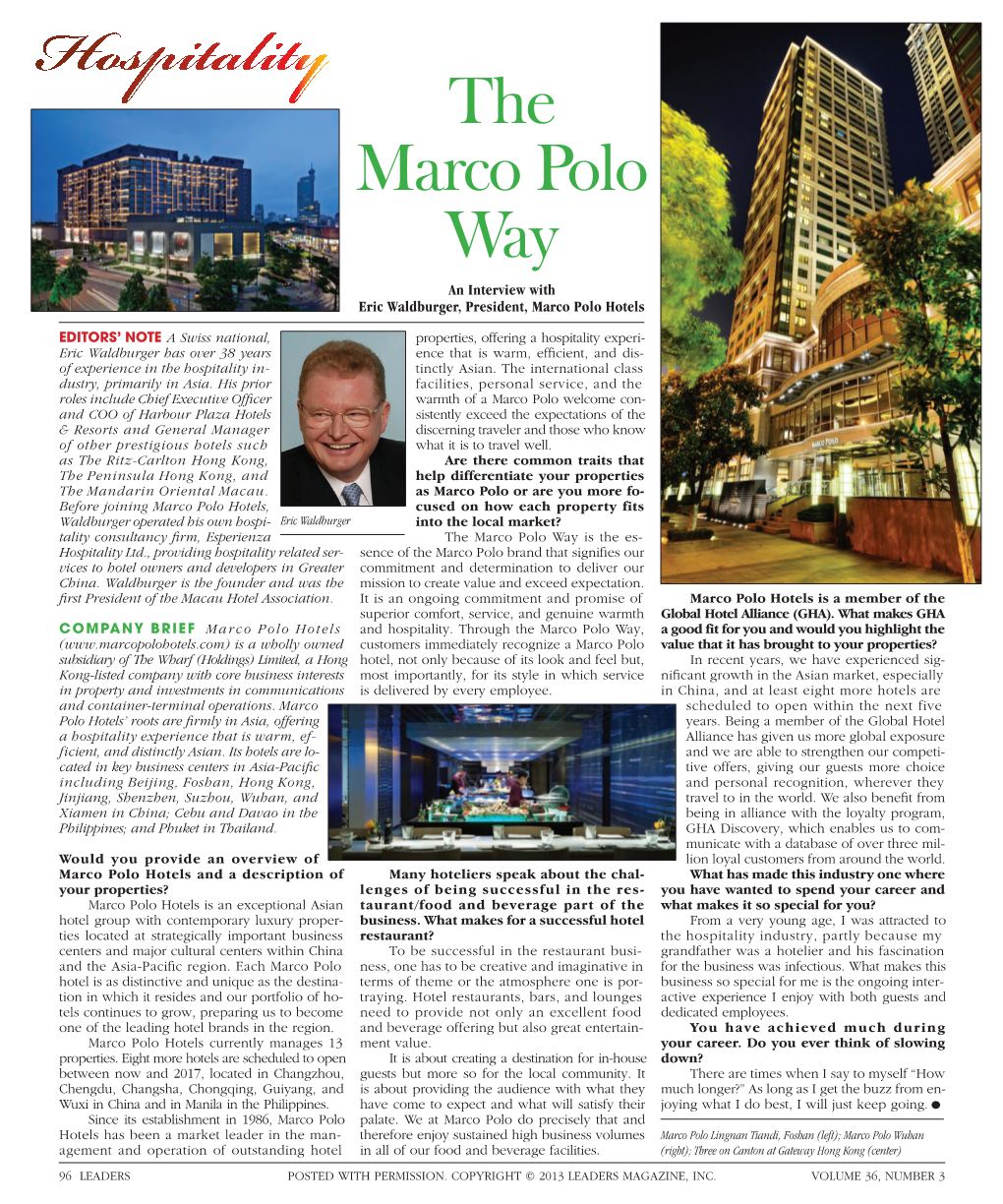 The Marco Polo Way an Interview with Eric Waldburger, President, Marco Polo Hotels