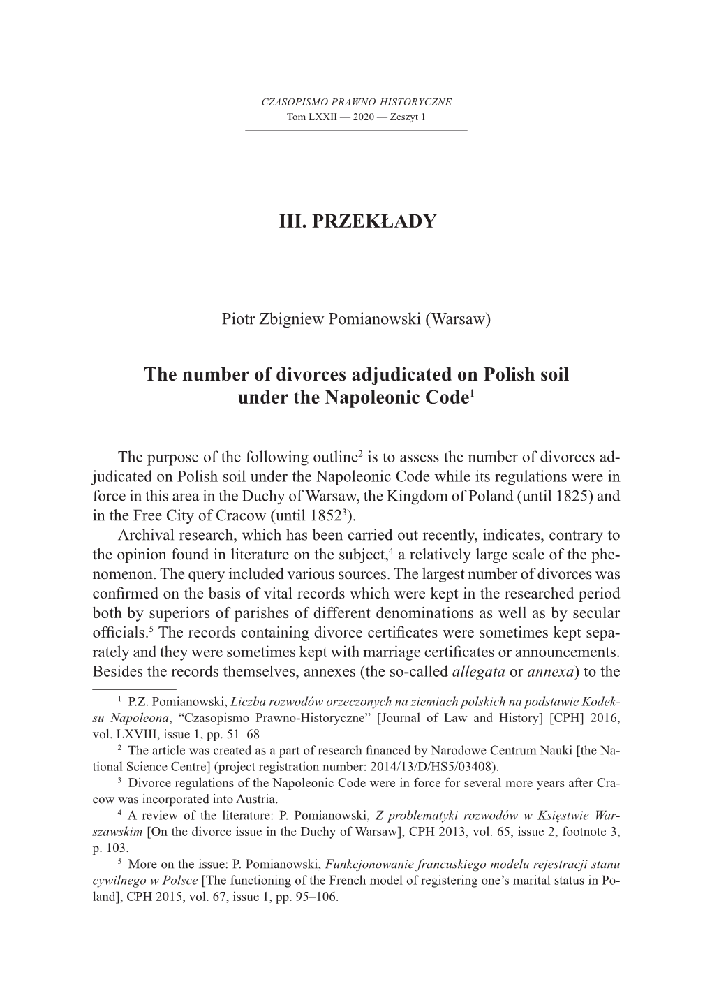 The Number of Divorces Adjudicated on Polish Soil Under the Napoleonic Code1 III. PRZEKŁADY