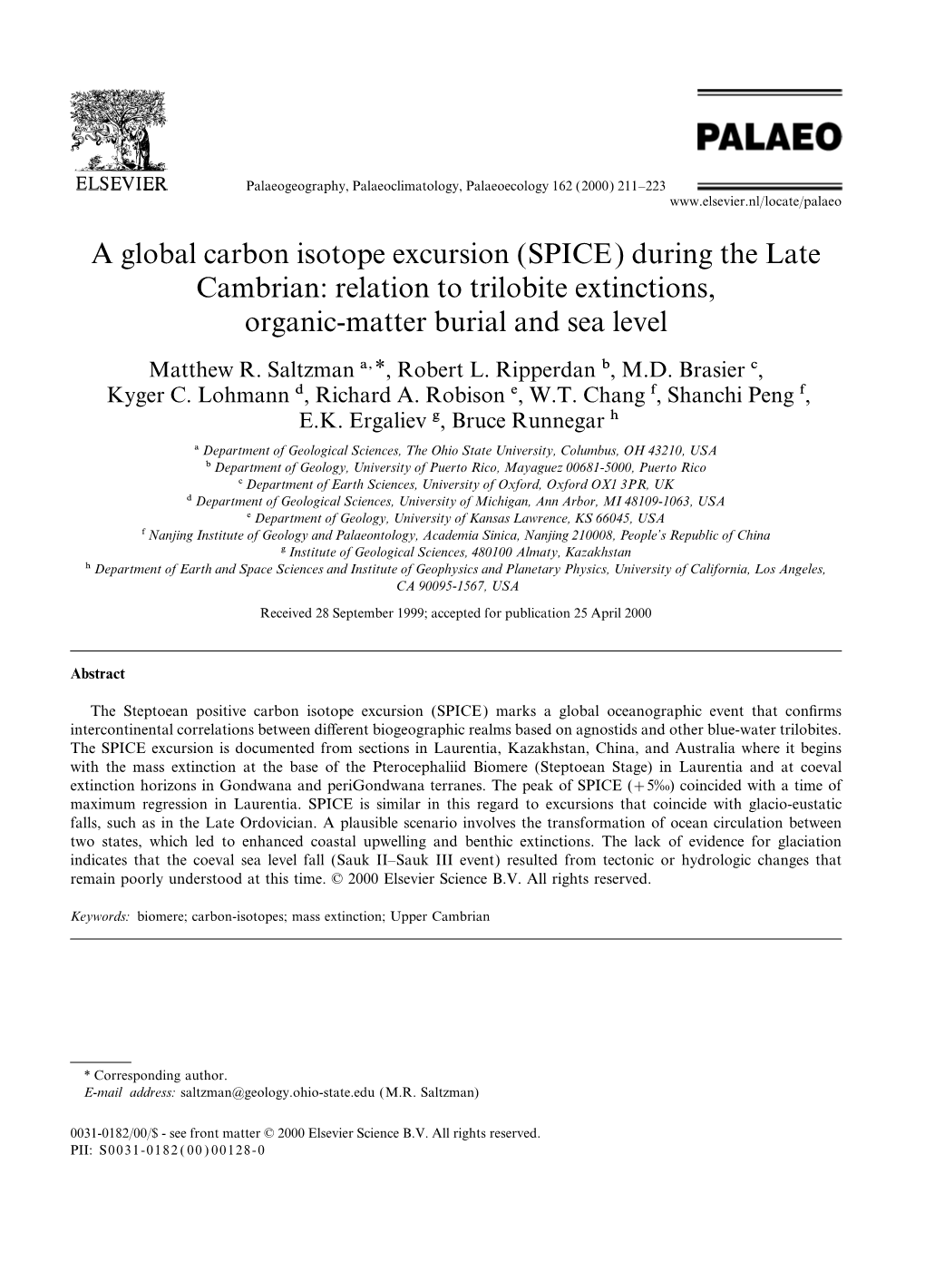 A Global Carbon Isotope Excursion (SPICE) During the Late Cambrian: Relation to Trilobite Extinctions, Organic-Matter Burial and Sea Level