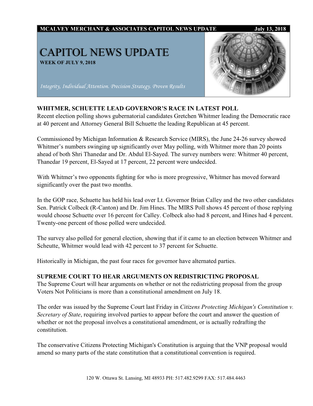 CAPITOL NEWS UPDATE July 13, 2018