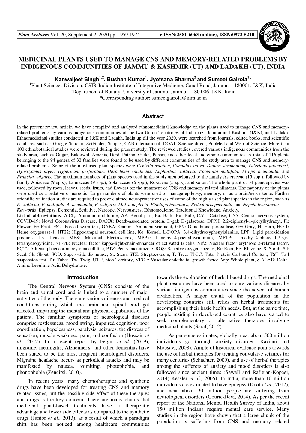 Medicinal Plants Used to Manage Cns and Memory-Related Problems by Indigenous Communities of Jammu & Kashmir