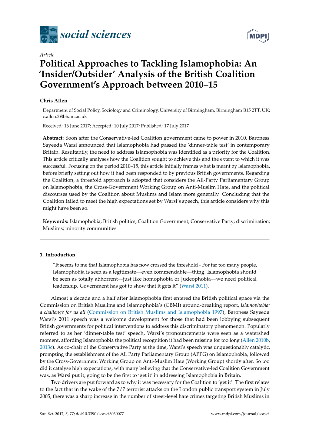 Political Approaches to Tackling Islamophobia: an 'Insider/Outsider' Analysis of the British Coalition Government's Approa