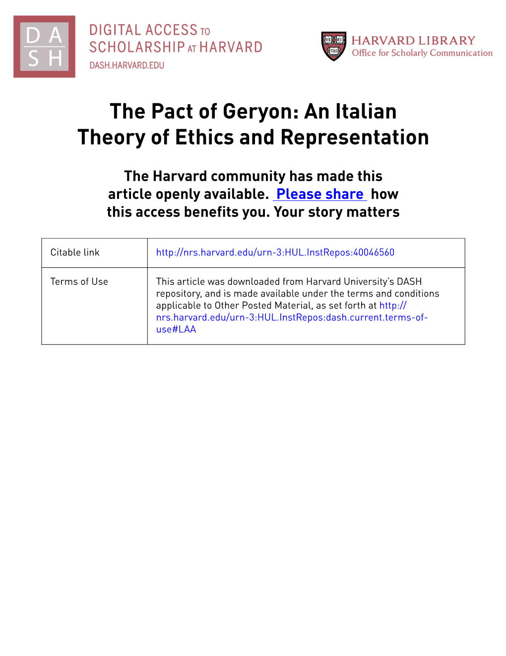 The Pact of Geryon: an Italian Theory of Ethics and Representation