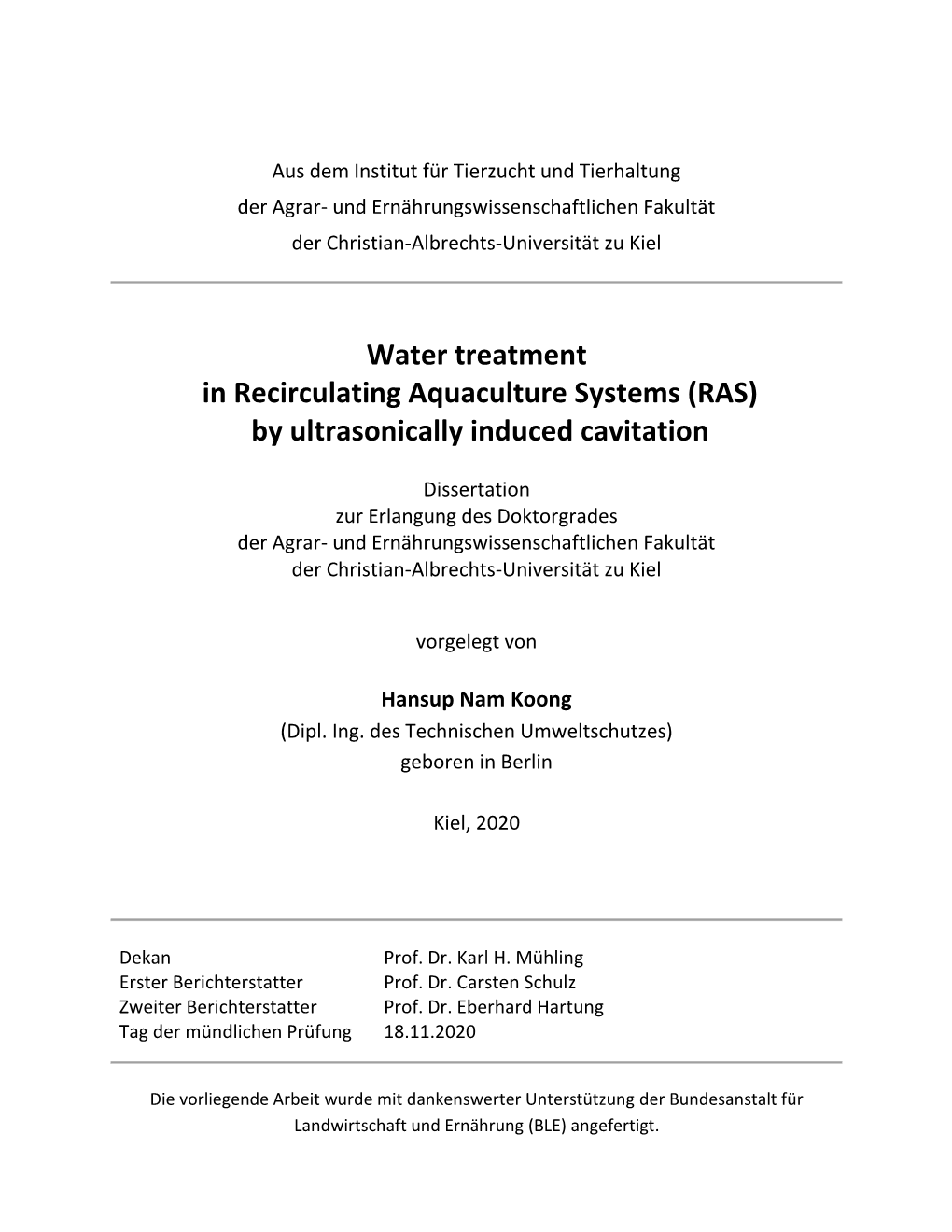 Water Treatment in Recirculating Aquaculture Systems (RAS) by Ultrasonically Induced Cavitation