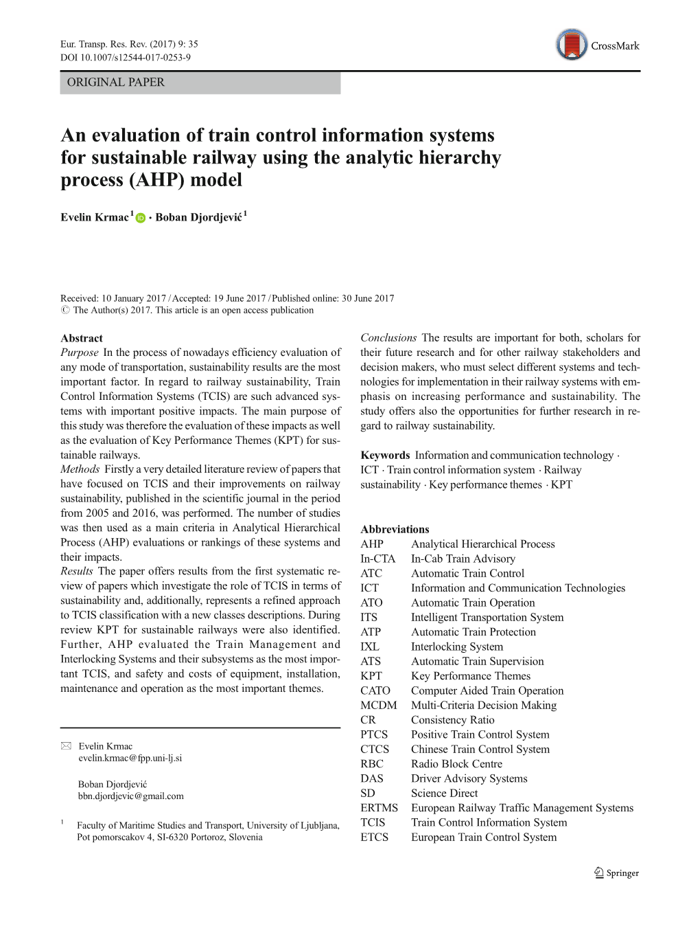 An Evaluation of Train Control Information Systems for Sustainable Railway Using the Analytic Hierarchy Process (AHP) Model