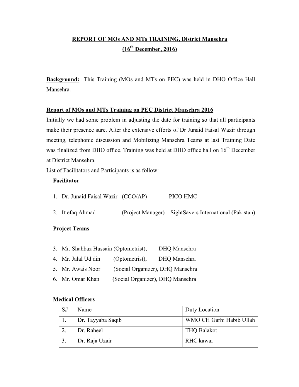 REPORT of Mos and Mts TRAINING, District Mansehra (16Th December, 2016)