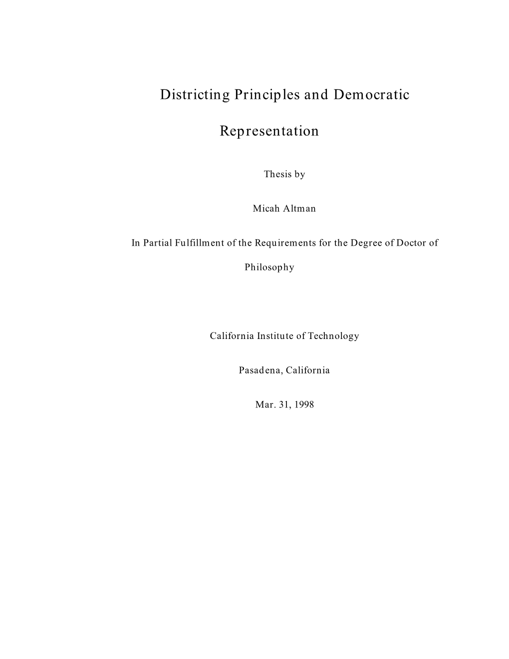 Districting Principles and Democratic Representation