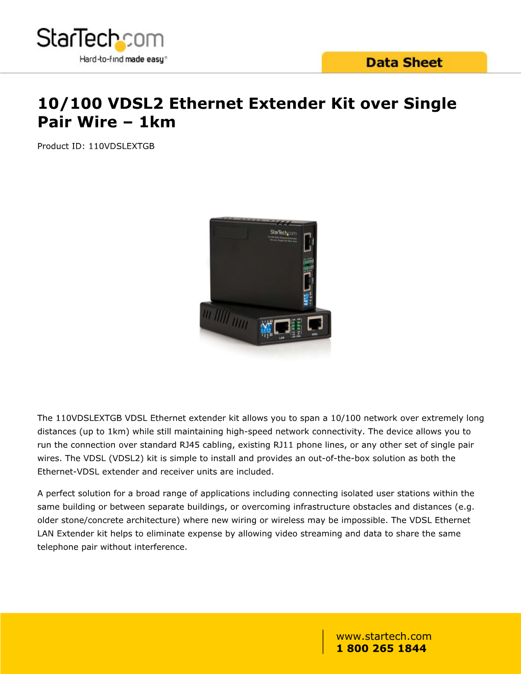 10/100 VDSL2 Ethernet Extender Kit Over Single Pair Wire – 1Km