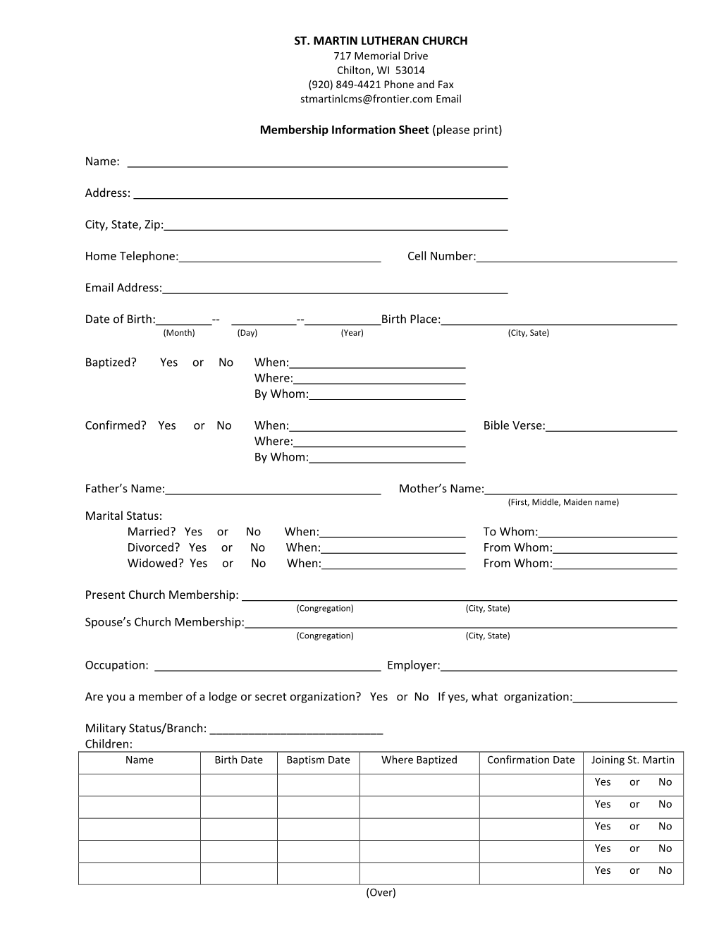 ST. MARTIN LUTHERAN CHURCH Membership Information Sheet