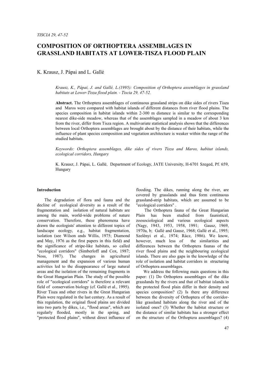 Composition of Orthoptera Assemblages in Grassland Habitats at Lower-Tisza Flood Plain