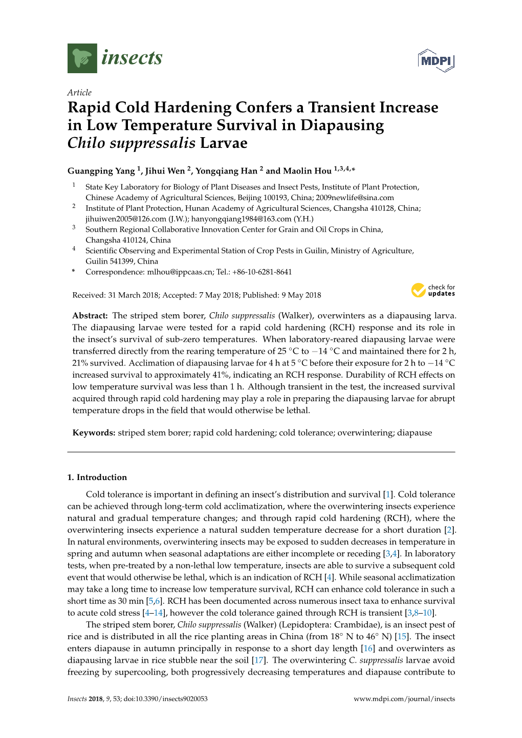 Rapid Cold Hardening Confers a Transient Increase in Low Temperature Survival in Diapausing Chilo Suppressalis Larvae