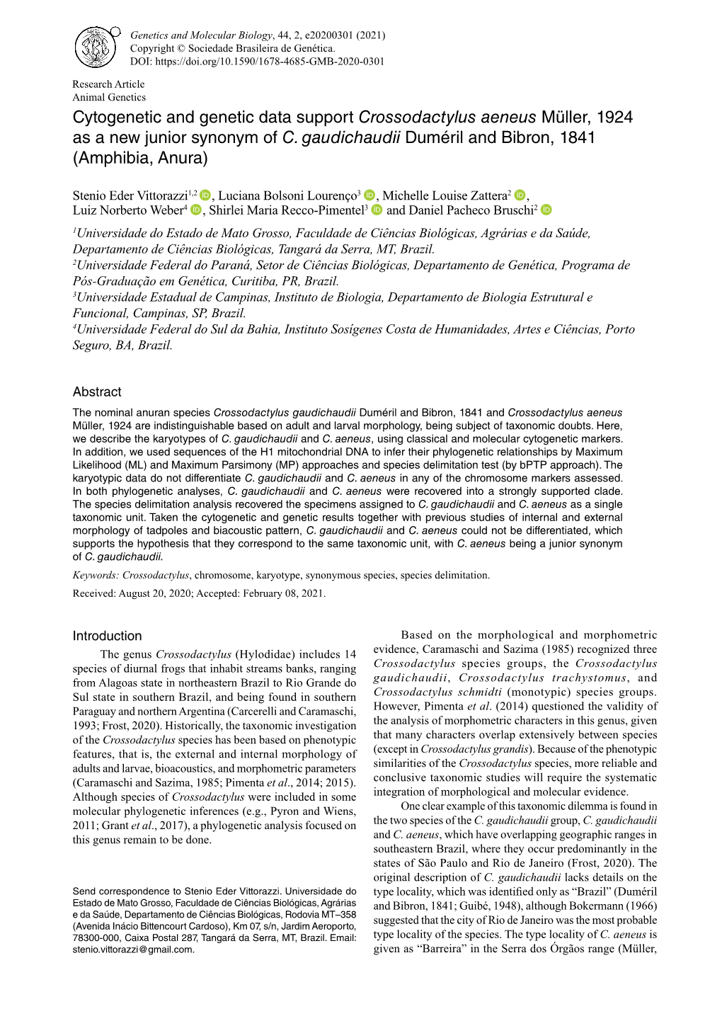 Genetics and Molecular Biology, 44, 2, E20200301 (2021) Copyright © Sociedade Brasileira De Genética