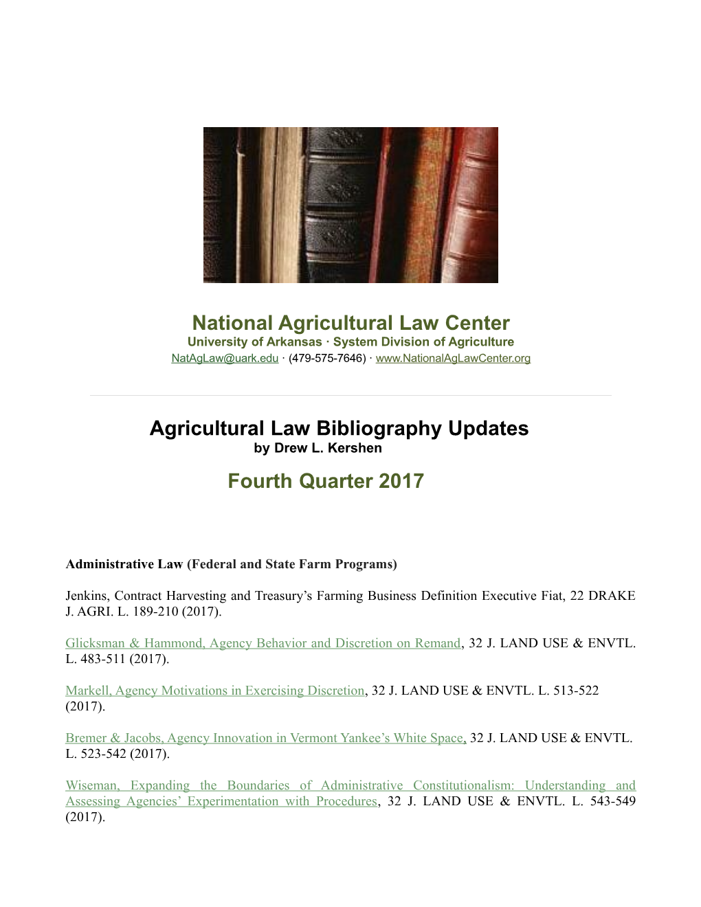 National Agricultural Law Center Agricultural Law Bibliography Updates Fourth Quarter 2017