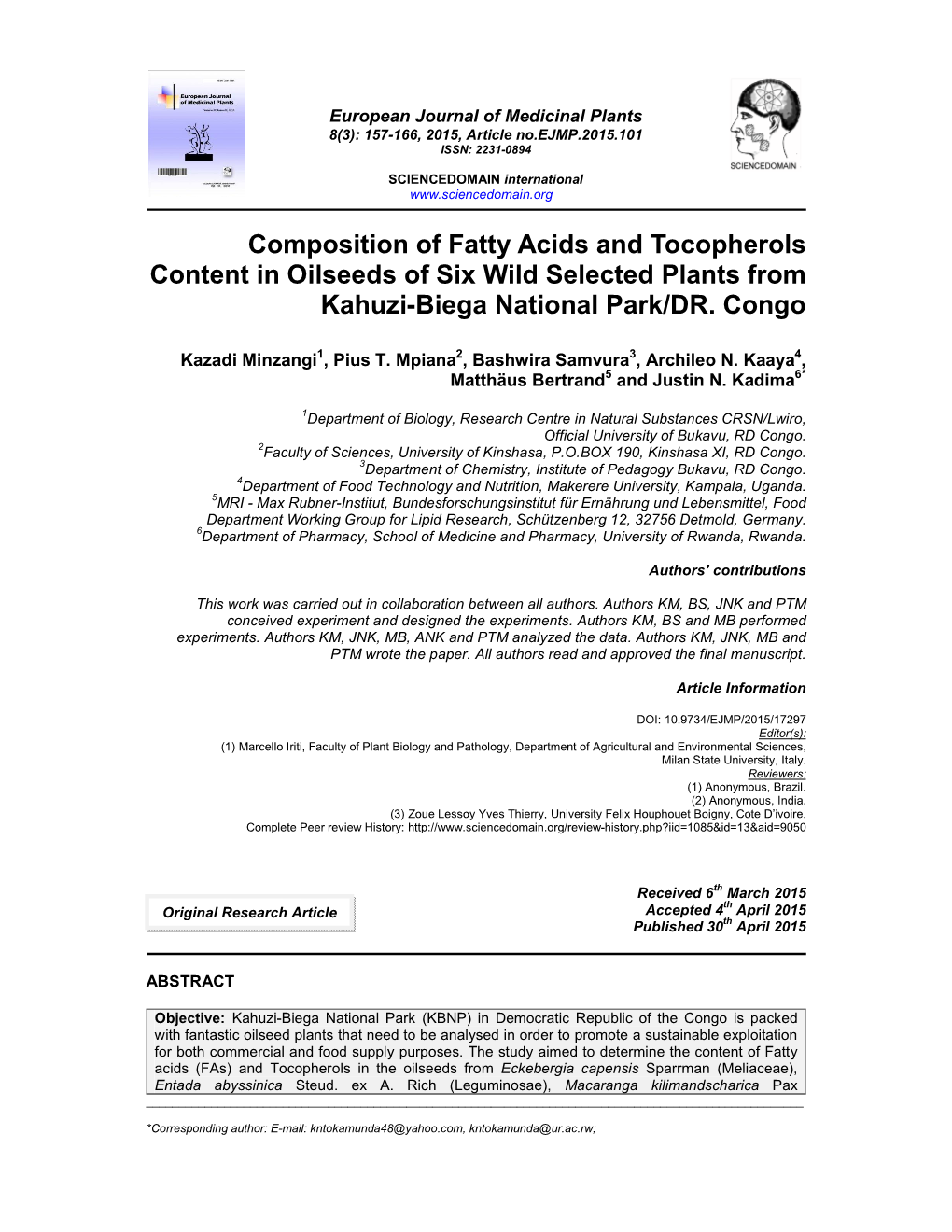 Composition of Fatty Acids and Tocopherols Content in Oilseeds of Six Wild Selected Plants from Kahuzi-Biega National Park/DR